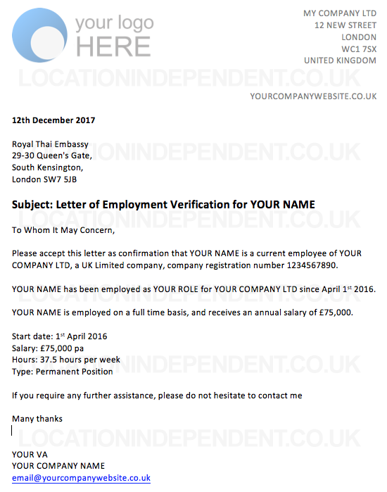 Employer Letter for Thai Visa